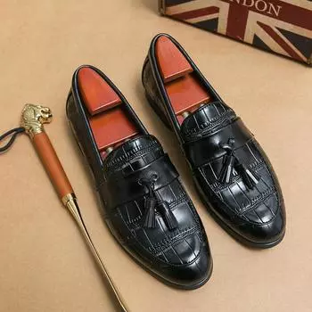 Men Casual Shoes Italy Handmade Original Loafers Tassel Men Party Dress Shoes Mules Luxury pointed Toe Leather Shoes Flat Shoes 38 чёрный