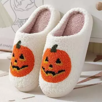 Men cotton Fluffy Slippers Home Cartoon Pumpkin Platform Plush Slides Couple Funny Halloween Casual Designer Shoes Women Indoor 36-37 белый