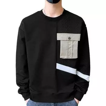 Men Fall Winter Top Patchwork Pocket Round Neck Long Sleeve Elastic Cuff Young Style Thick Warm Pullover Casual Sweatshirt M абрикосовый