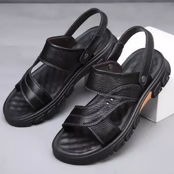 Men Genuine Leather Sandals Summer Latex Padded Beach Slippers Soft Sole Lightweight Versatile Retro Sandals Fashion 2024 Men s 38 чёрный
