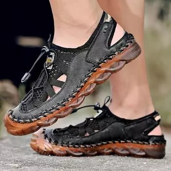 Men Handmade Genuine Leather Summer New Casual Flat Sandals Roman Beach Footwear Male Sneakers Low Wedges Shoes Big Size 38-46 38 чёрный