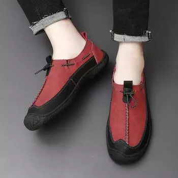 Men Handmade Leather Shoes Casual Hiking Shoes Outdoor Walking Driving Shoes Wide Head Over Sized Red Slip On 38 коричневый