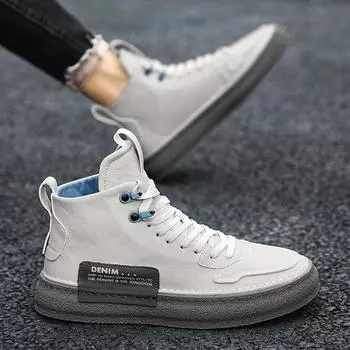Men High-top Ankle Boots Comfy Men Casual Sneakers Spring Autumn Fashion Leather Boots Handmade Skate Shoes Men Vulcanize Shoes 38 серо голубой