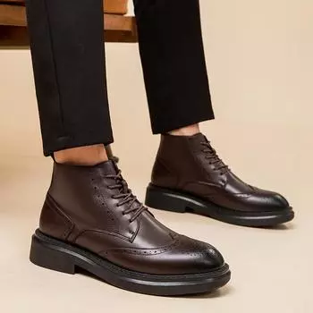 Men High Top Handmade Leather Shoes Platform Loafers Fashion Luxury Slip on Mocassin Business Shoes Homme Zapatos De Hombre 38 чёрный