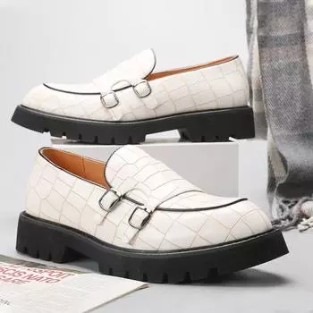Men Leather Shoes Platform Double Button Loafers Slip on Oxford Thick Tottom Male Shoes Casual Loafers Men Formal Dress Shoes 38 чёрный