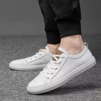 Men Little White Shoes 2024 New Lace-up Simple and Fashionable Casual Sneakers Versatile Leather Shoes Elevated Male Board Shoes 37 чёрный