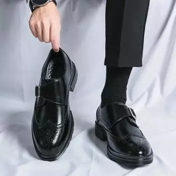 Men Loafers Shoes Round Toe Buckle Strap Black Brown Business Shoes for Men with Size 38-46 Dress Shoes Men 38 коричневый
