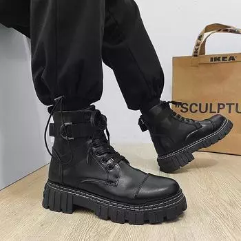 Men new shoes Black leather high top British trend motorcycle leather boots work boots shoes D461 39 чёрный
