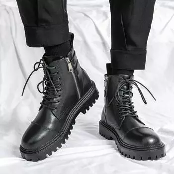Men Outdoor Thick Bottom Round Head Waterproof Ankle Boots Winter Boots Fashion Brown Leather Men s High Boots Motorcycle BootS 38 чёрный