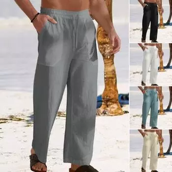 Men Pants Drawstring Elastic Waist Straight Leg Loose Solid Color Pockets Sweat Absorption M светло-зеленый