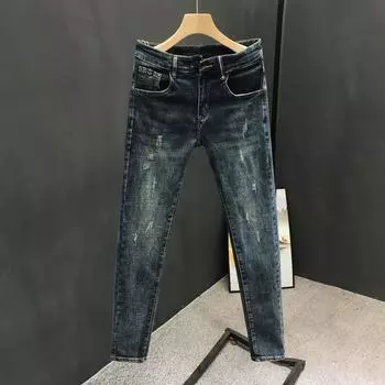 Men s 2024 Slim Fit Washed Jeans - Trendy Korean Style, All-Match, Nine-inch Length 30 синий