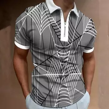 Men s 3D-printed Casual Short-sleeved Spider Web Printed Zipper POLO Shirt S серый