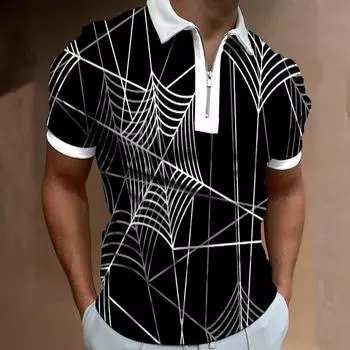 Men s 3D-printed Casual Short-sleeved Spider Web Printed Zipper POLO Shirt S чёрный