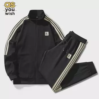 Men s Autumn Striped Cardigan and Sweater Running Suit 5XL чёрный
