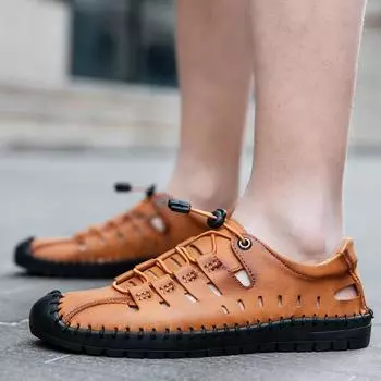 Men s beach shoes summer new casual shoes sandals men s bag head hollow hole breathable leather shoes Shoes 38 чёрный