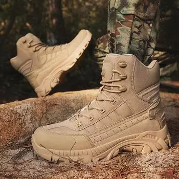Men s Boots Autumn Round Head Lace Up High-top Sneakers Anti-Slip Outdoor Breathable Hiking Desert Boots Botas Taticas Masculin 39 бежевый