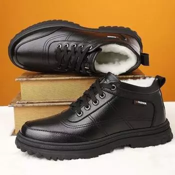 Men s Boots Plush Warm Cotton Boot Outdoor Waterproof Snow Boots for Men Business Casual Leather Boot Lace Up Ankle Boots Botas 39 чёрный