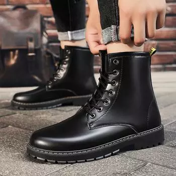Men s British Style Black Leather High-Top Martin Boots – Casual, Trendy, and Warm for Autumn Size 40 чёрный