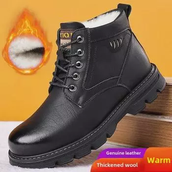 Men s British Style Black Leather Mid-Cut Winter Boots with Velvet Lining 41 чёрный