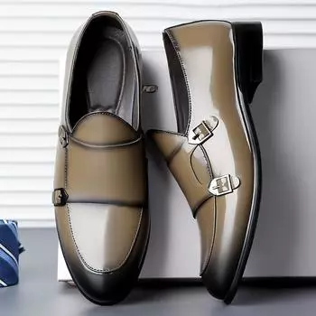 Men s business casual leather shoes double Belt buckle pointed formal bright face leather shoes British style dress shoes D541 38 чёрный