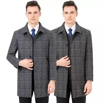 Men s cashmere coat men s middle-aged and elderly casual plaid coat wool woolen cotton lining dad wear 170