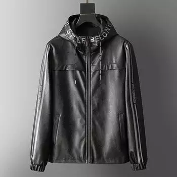 Men s Casual Fashion Patchwork Hoodie Imitation Leather Jacket Coat XXL