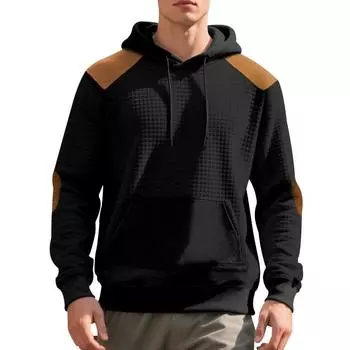Men s Casual Hooded Hoodie Patchwork Blocked Pullover Jacquard Men s Checkered Hooded Sweatshirt with Large Pockets L