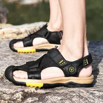 Men s Casual Leather Outdoor Shoes Handmade Beach Cool Sandals Hot Sale Mens Slip on Shoes 2024 Breathable Leisure Walk Sandals 38 коричневый
