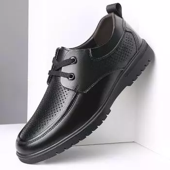 Men s casual leather shoes Korean version 2025 spring cowhide British youth soft sole soft surface summer hollow low-top leather shoes 38 чёрный