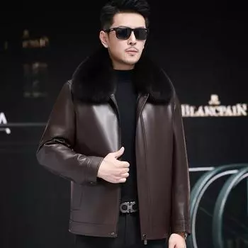 Men s casual short velvet thickened middle-aged genuine leather down jacket lapel jacket leather jacket winter M