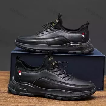 Men s Casual Sneakers Plus Fleece Fashionable Lace Up Running Shoes Man Autumn Casual Leather Walking Sneakers Training Footwear 39 чёрный