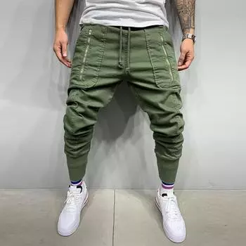 Men s Casual Sports Pants Classic Three-Dimensional Zipper Patch Pockets Drawstring Elastic Skinny Pants XXL