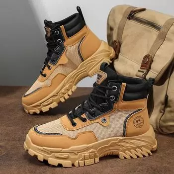 Men S Chunky Desert Boots Autumn Casual High Top Hiking Training Boots 2025 New Brown Outdoor British Style Retro Work Shoes 39 хаки