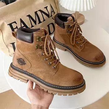 Men s Comfortable Leather Mid Top Boots for Autumn Fashionable Men British Style Lace Up Anti Slip and Wear-resistant Short Boot 38 коричневый