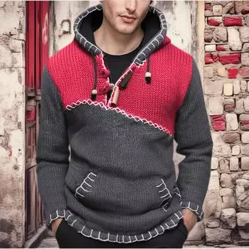 Men s Contrast Color Stitching Sweater Long Sleeve Hooded Sweater Sweatshirt XXXL красный