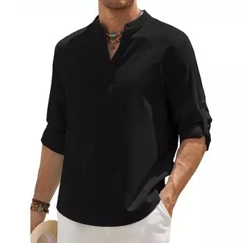 Men s Cotton Linen Long Sleeve Polo Shirt Henley Neck Lightweight Breathable Casual Button Tops Beach Style Simple Male Clothing S