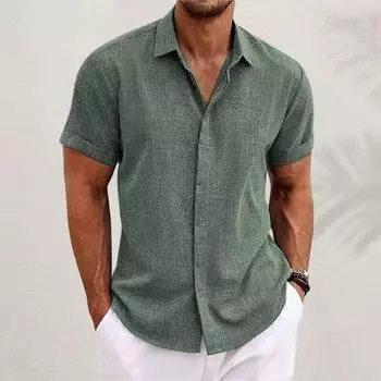 Men s Cotton Linen Shirts Short Sleeve Button Down Casual Shirt Summer Beach Wedding Shirt S серый