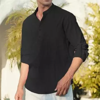 Men s Cotton Linen T-shirt Long Sleeve Spring Summer Henley Neck Casual Simple Style Breathable Fashion Vacation Tops S