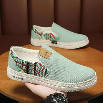 Men s Ethnic Style Casual Breathable Linen Cloth Flat Shoes Comfortable One Foot Soft Soled Canvas Lace-Up Closure Mesh Lining 40 чёрный