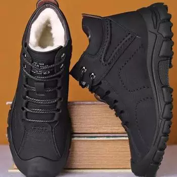 Men s Fall and Winter PU Leather Shoes Padded Thickened Waterproof Casual Men s High-top Shoes Outdoor Sports Snow Boots 40 чёрный
