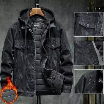 Men s Fall and Winter Thickened Hooded Warm Denim Jacket Long-sleeved Slim Casual Jacket 5XL чёрный