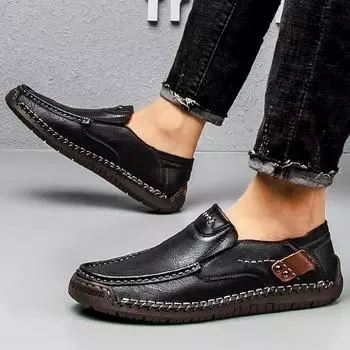 Men s First Cowhide Fashion Casual Shoes Men Hand Sewn Casual Leather Shoes Trendy Comfortable Breathable Platform Leisure Shoes 38 чёрный