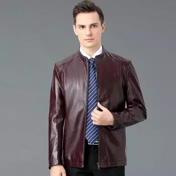 Men s Genuine Leather Jacket Men s Sheepskin Jacket Stand Collar Casual Autumn and Winter Middle-aged Dad Fashion Leather Jacket 170