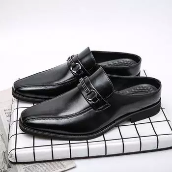 Men s Half-slipper Loafers Patent Leather Shoes Luxury Brand Business Fashion Casual Shoes Loafers Light Weight Half Drag Shoes 38 чёрный