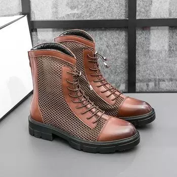 Men s high-top hollow leather shoes large size new casual Martin boots spring and summer breathable leather boots 38