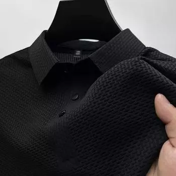 Мужская летняя сетчатая рубашка с коротким рукавом из ледяного шелка, футболка с лацканами из гладкого материала, рубашка поло с коротким рукавом, мужская рубашка с коротким рукавом, популярная рубашка M чёрный