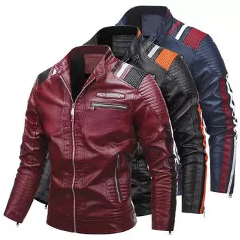 Men s Jacket Men s Pu Jacket Color Matching Locomotive Suit Velvet Men s Leather Jacket L чёрный