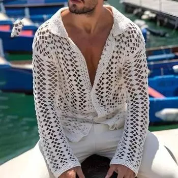 Men s Knitted Mesh Shirt Lapel Long-Sleeved Casual Top Solid Color Button Down Hollowed M белый
