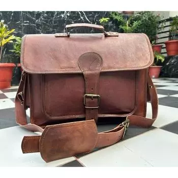 Men s Leather Handmade Laptop Shoulder Cow Crossbody Satchel Brown Bag 15 x 11 x 4 in