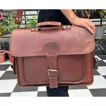Men s Leather Handmade Laptop Shoulder Cow Crossbody Satchel Brown Bag 16 x 12 x 5 in